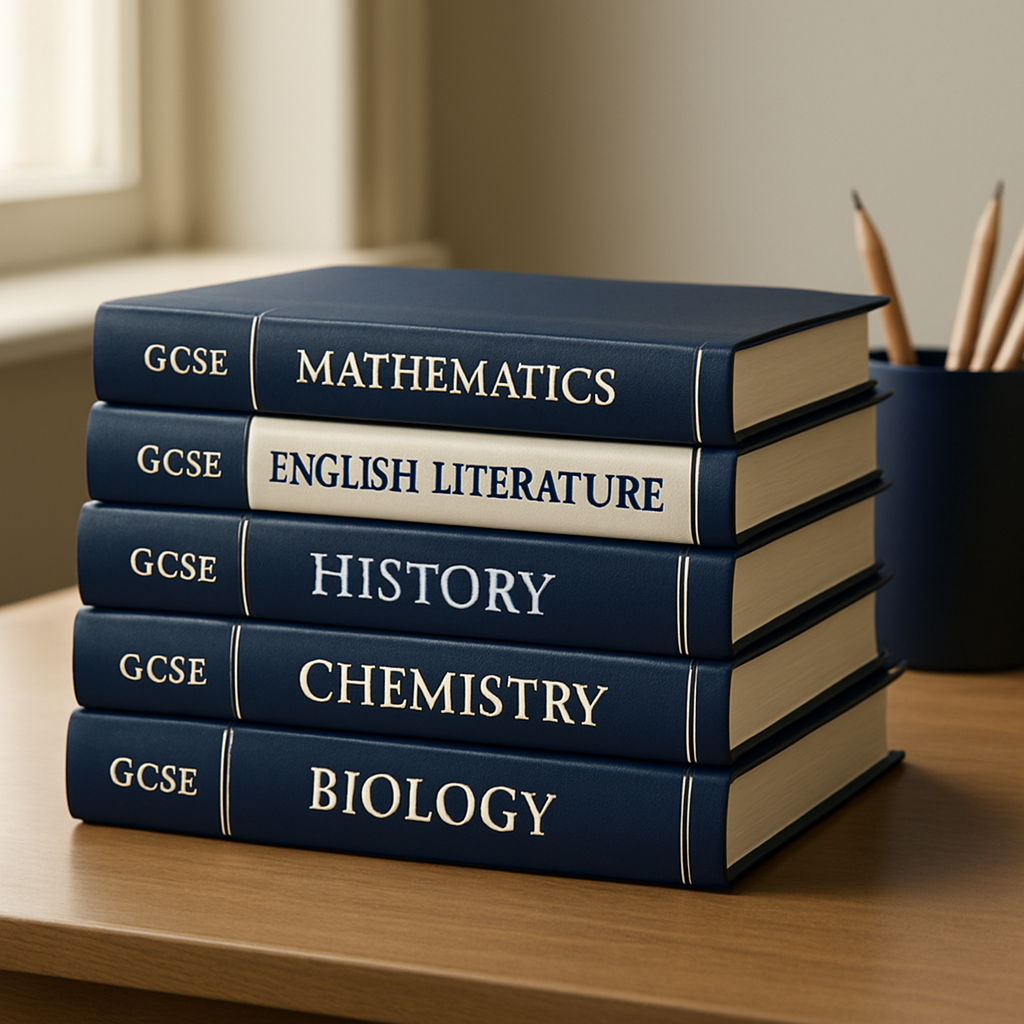 Stack of GCSE textbooks on a wooden desk, formal and academic style