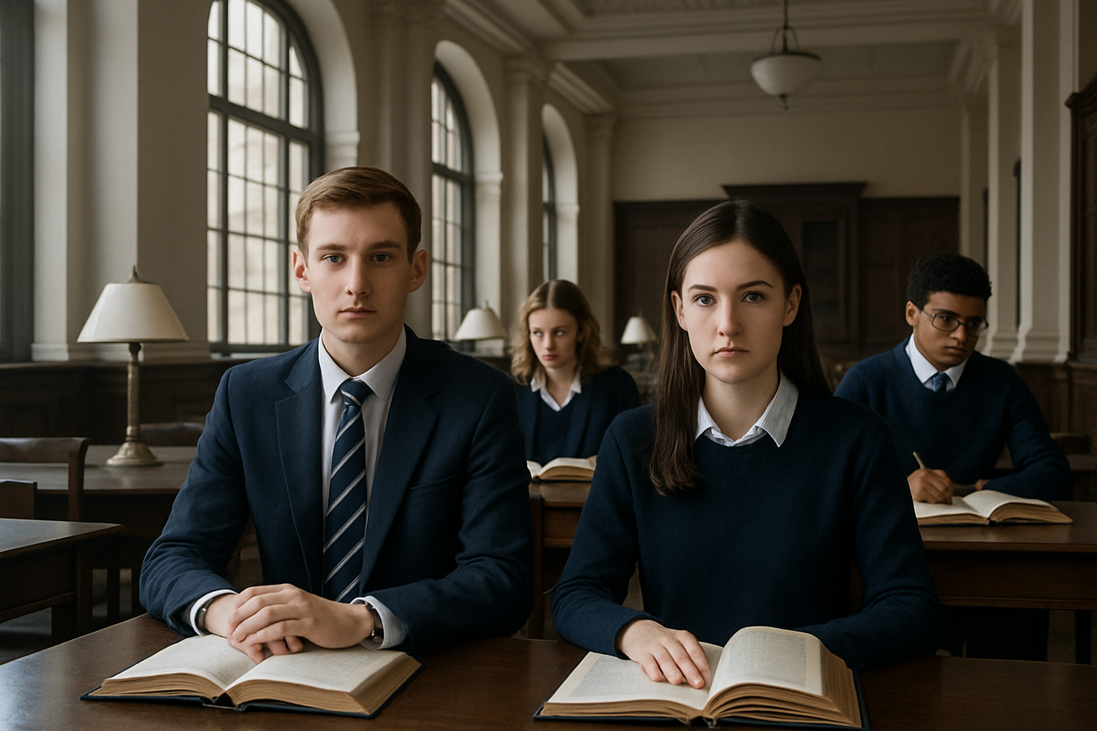 British academic learners in a classic study hall, calm and formal mood