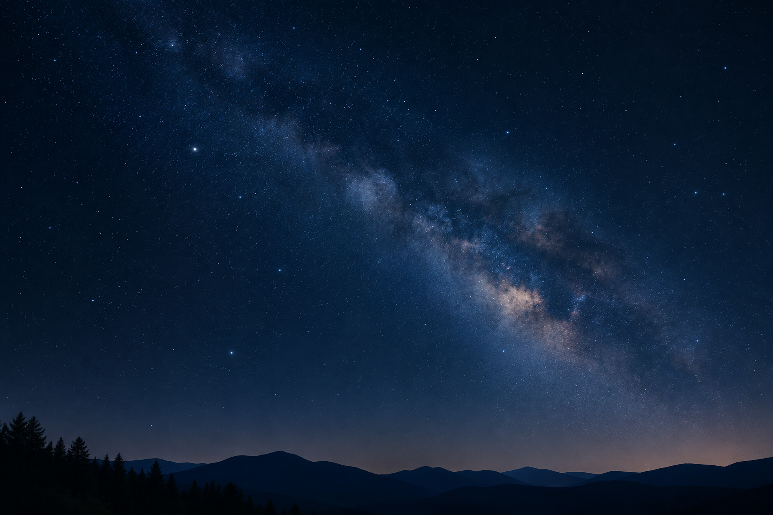 Wide night sky photograph with faint Milky Way texture and deep navy atmosphere