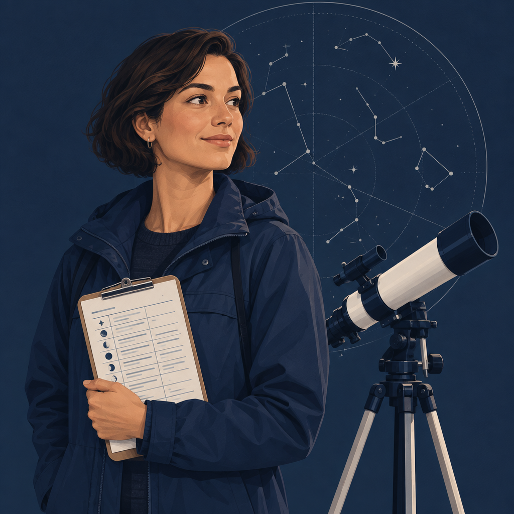 Portrait illustration of Anna Kline, meetup coordinator, with clipboard and telescope notes