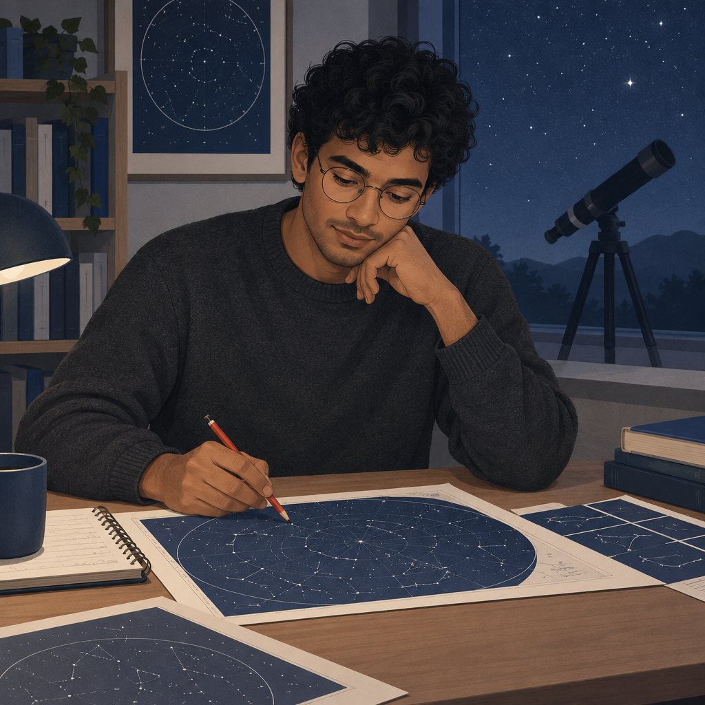 Portrait illustration of Malik Rao, guide editor, seated with constellation charts