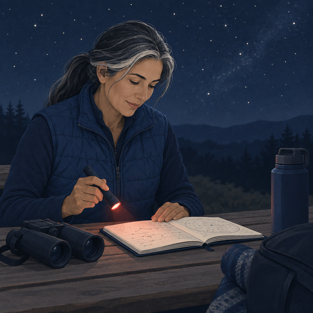Portrait illustration of Sophia Mendes, observation log curator, with notebook and red-light flashlight