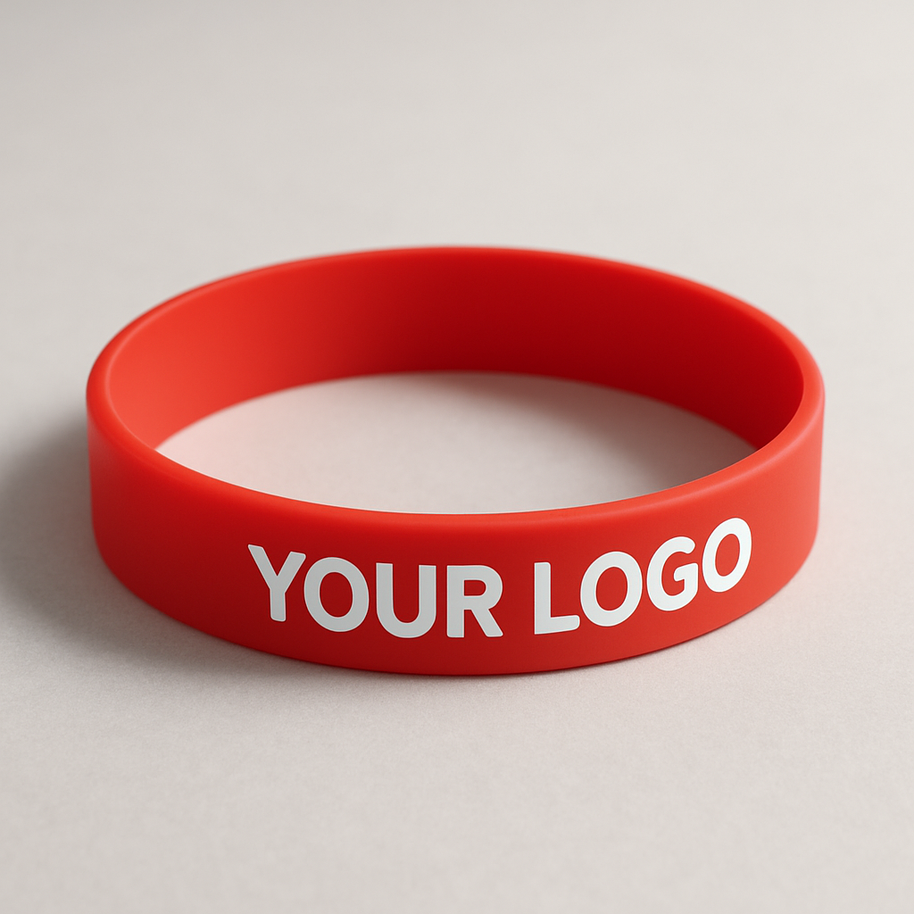 Red silicone wristband with white printed logo text
