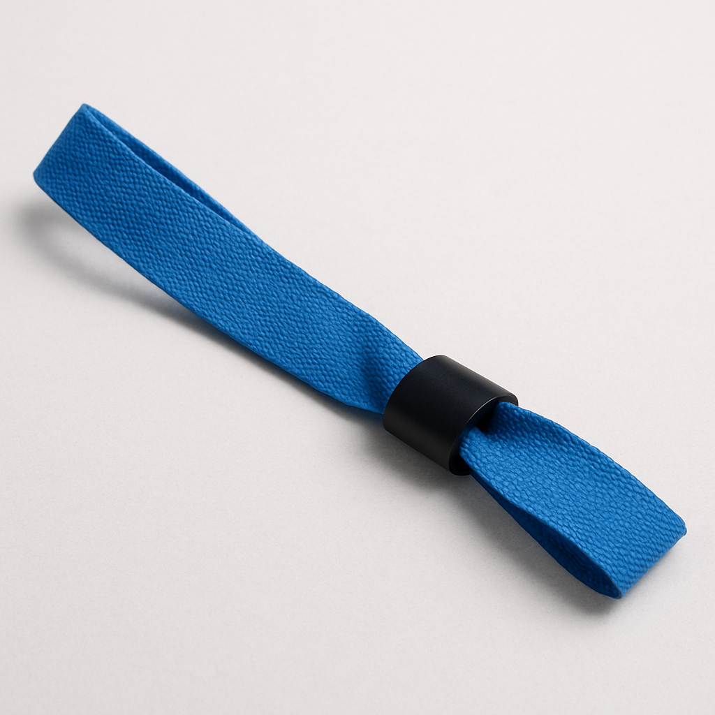 Blue woven fabric wristband with black sliding clasp