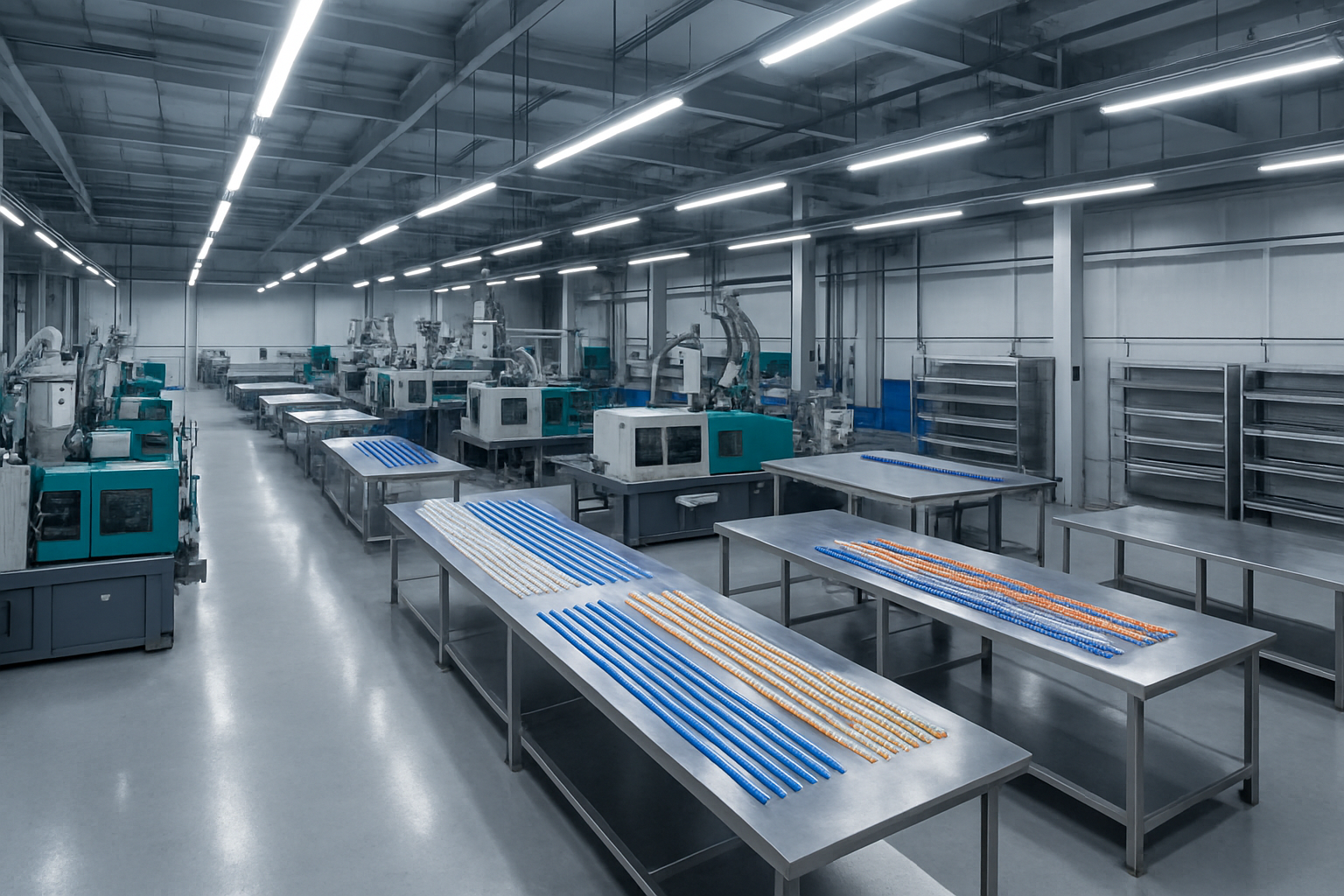 Wide view of a modern wristband manufacturing floor with organized production lines and clean industrial lighting
