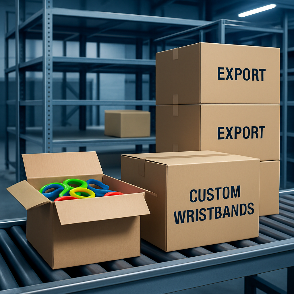 Packaging area with wristband cartons on a conveyor and labeled export boxes