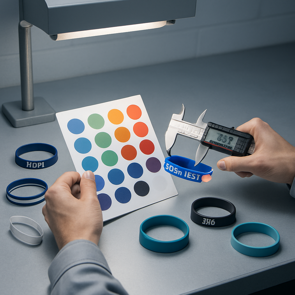 Quality control station where an inspector checks wristband color and imprint accuracy