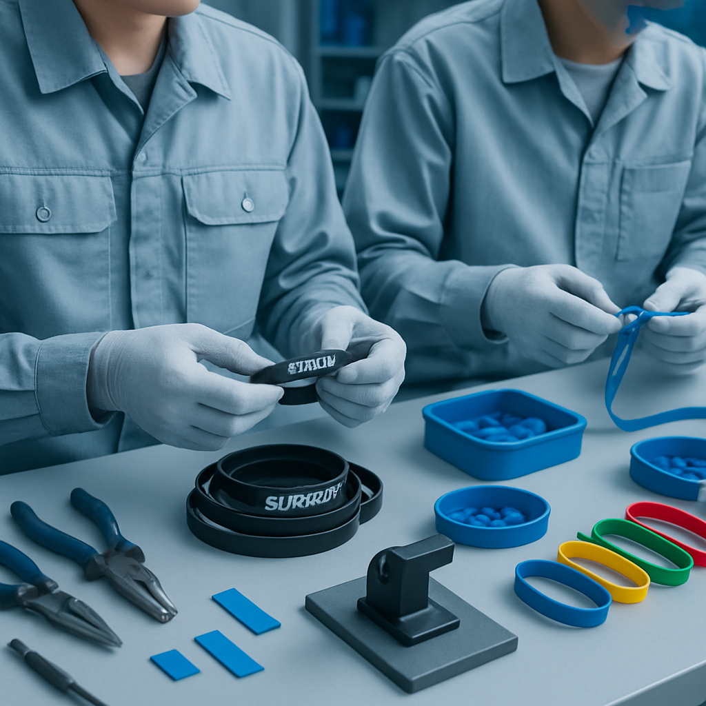 Close view of technicians assembling wristbands at a tidy workbench with tools and materials