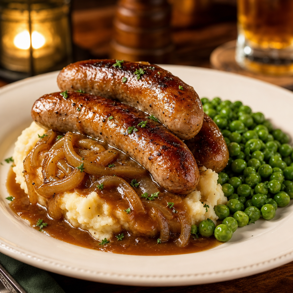 Grilled pork sausages over buttery mashed potatoes with onion gravy and green peas