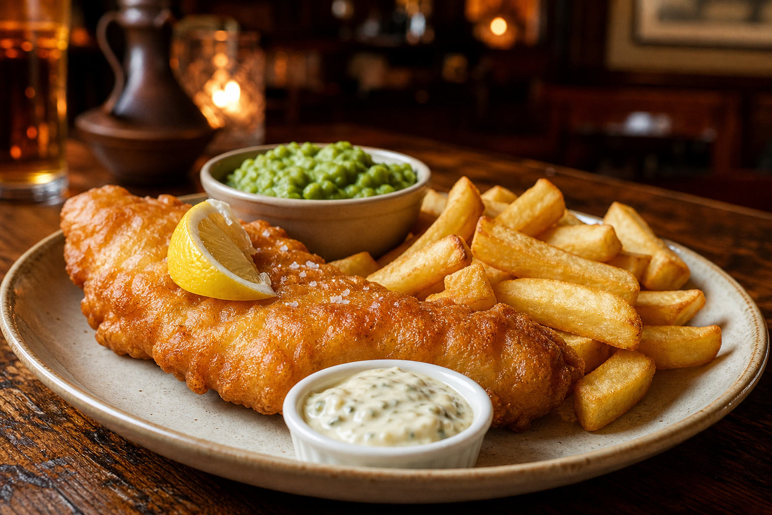 A plated British meal with golden fish and chips, mushy peas, and a side of tartar sauce on a wooden table