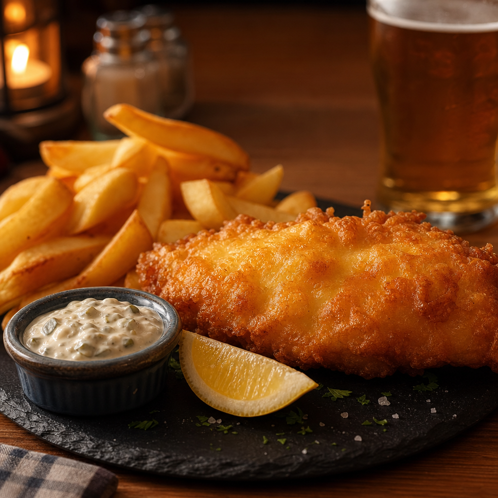 Golden beer-battered fish and thick-cut chips with tartar sauce and lemon on a slate plate
