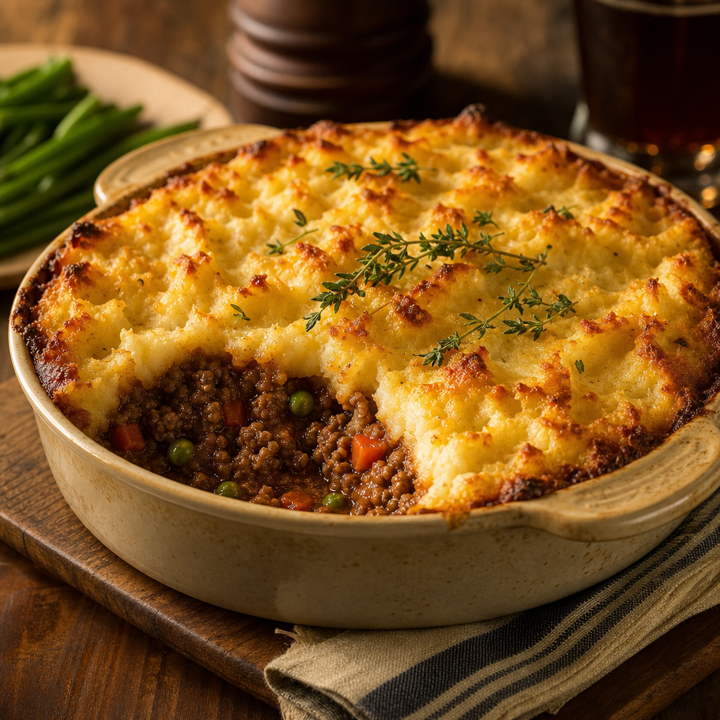 Rustic shepherd's pie in a ceramic dish with golden mashed potato peaks and thyme garnish
