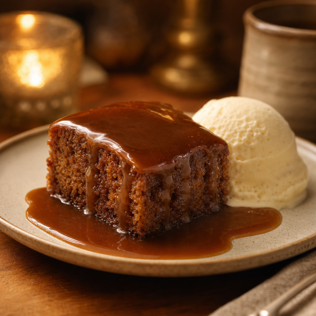 Sticky toffee pudding with warm toffee sauce and a scoop of vanilla ice cream