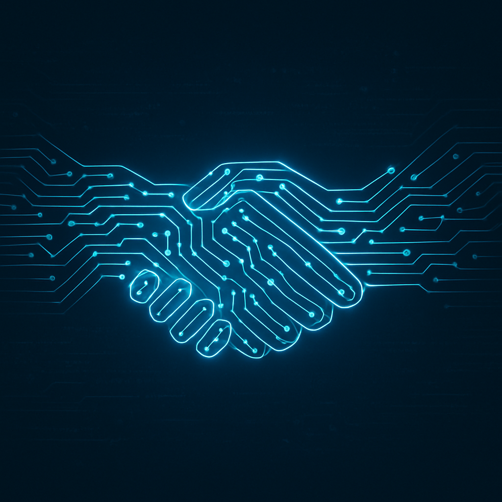 Visual of digital trust: handshake formed by glowing circuit lines over a stylized digital background, symbolizing trust and technology