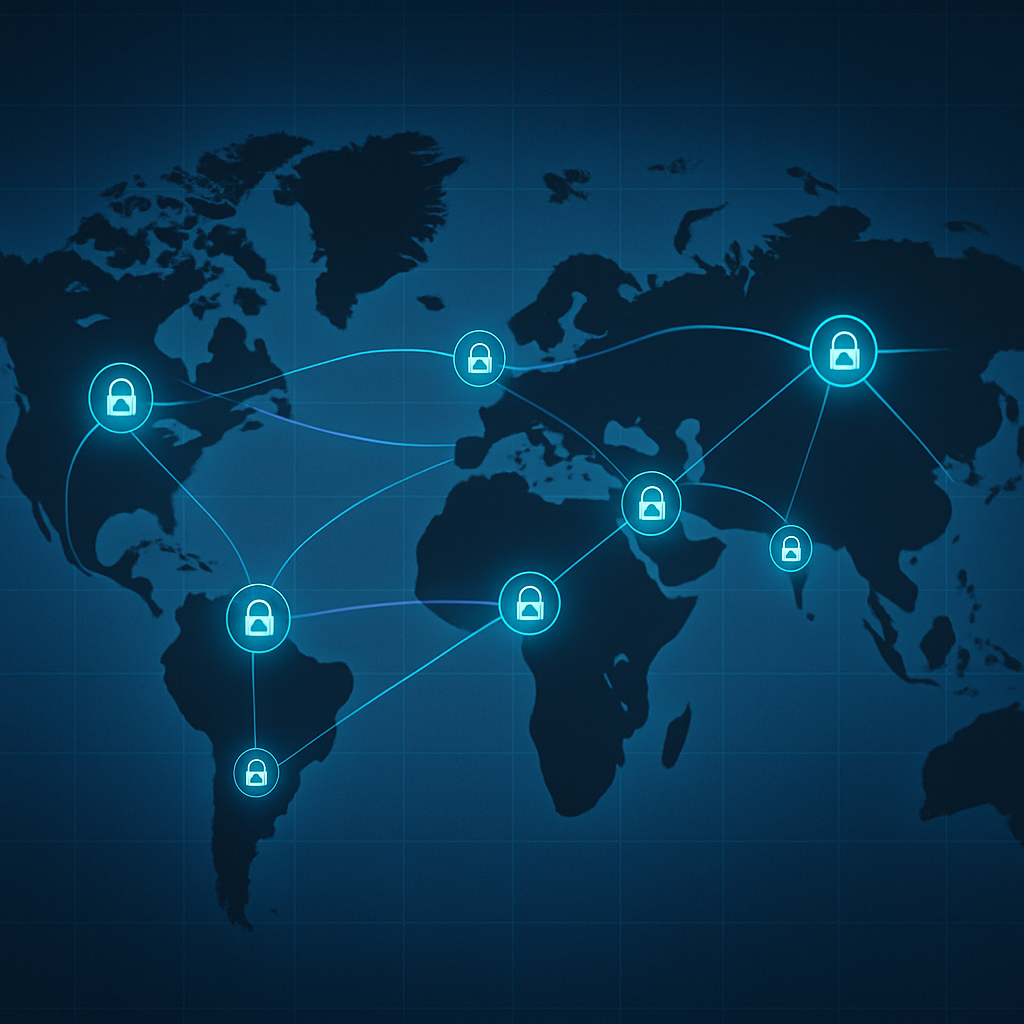 Global digital protection: world map with secure data nodes connected, representing worldwide reach and easy access