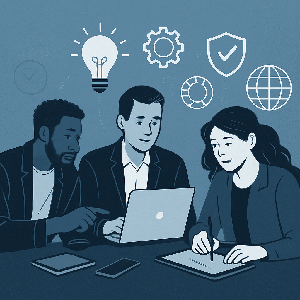 Creators and professionals collaborating with digital devices, icons of innovation and protection floating above, modern tech style