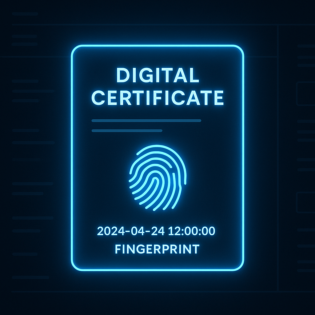 Digital proof of ownership concept: a secure digital certificate with timestamp and fingerprint, glowing on a dark modern interface