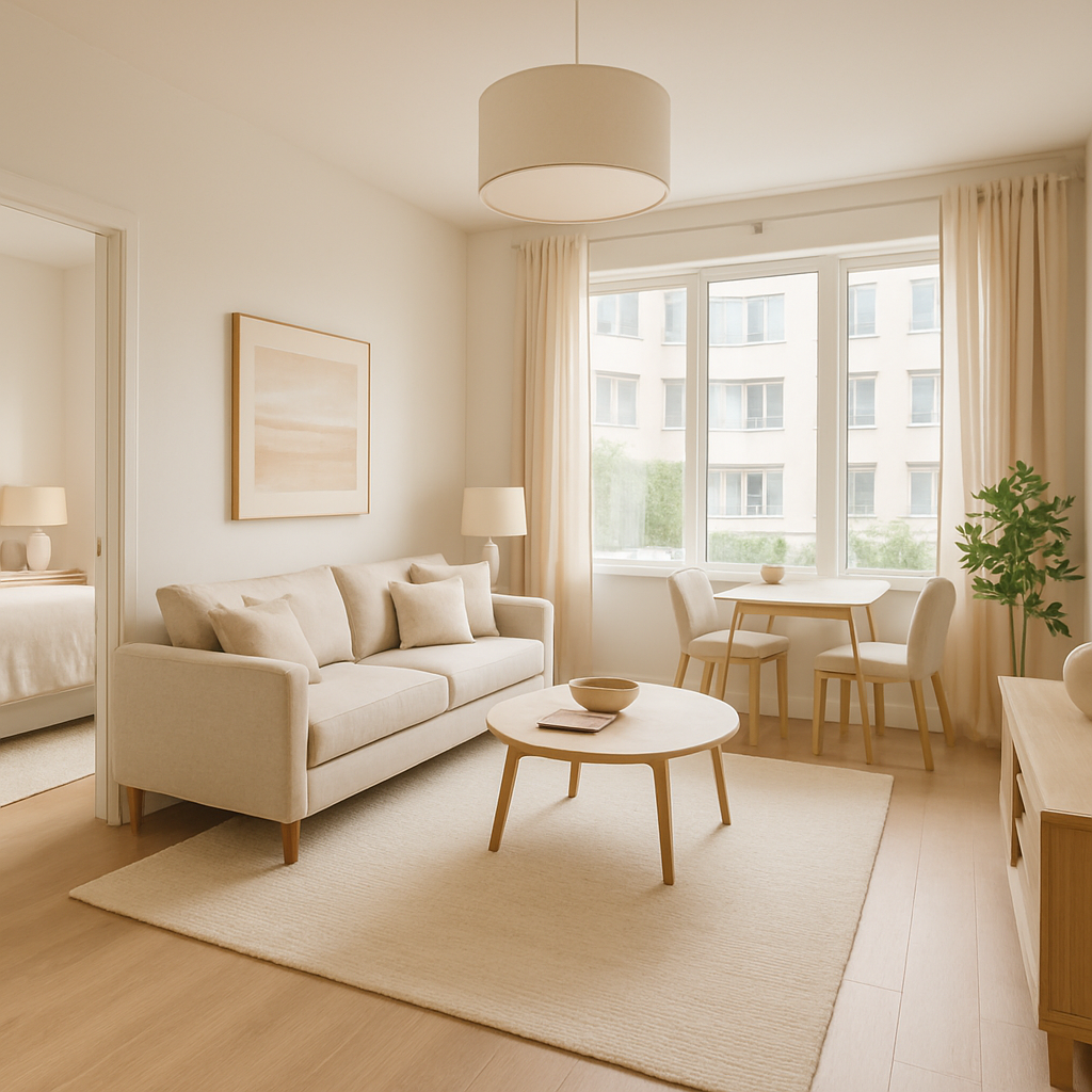 Welcoming, modern 1-bedroom apartment interior, bright and clean