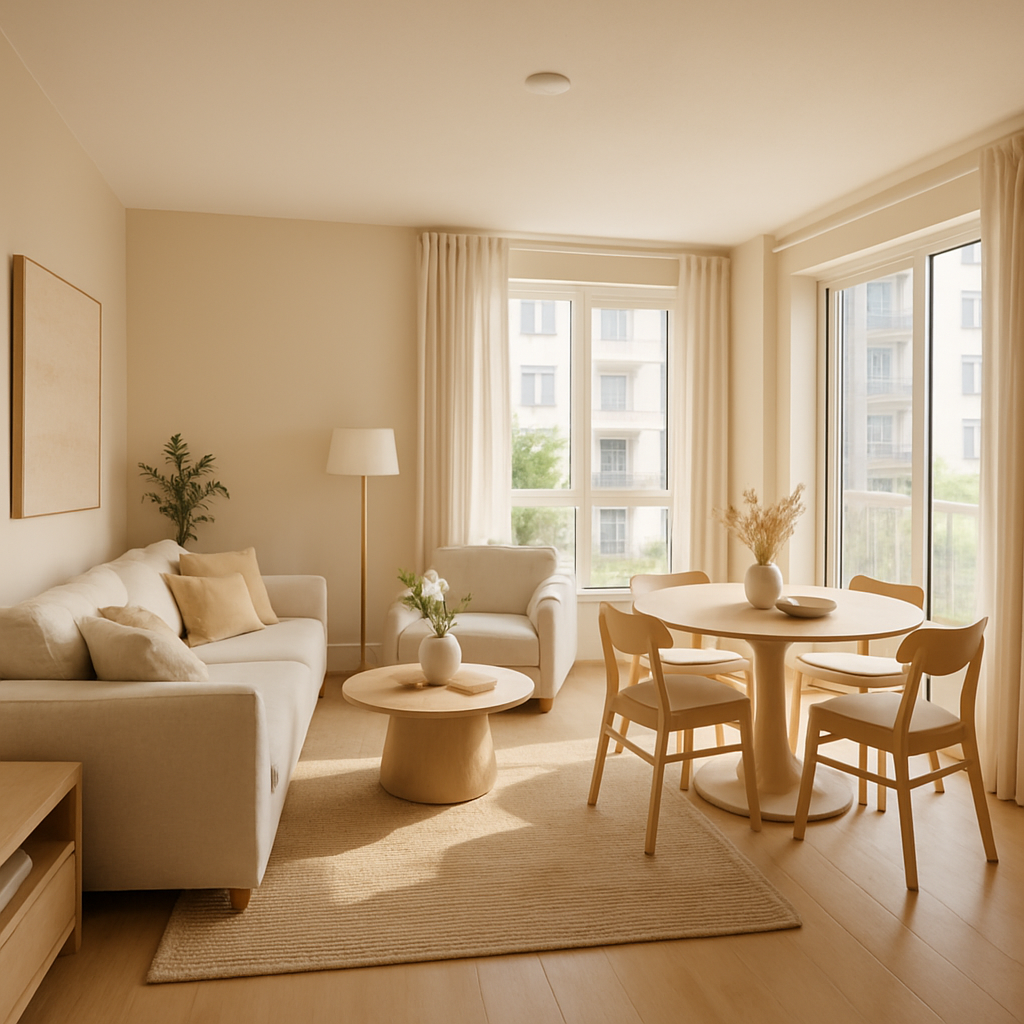 Welcoming, modern 2-bedroom apartment living area, spacious and bright