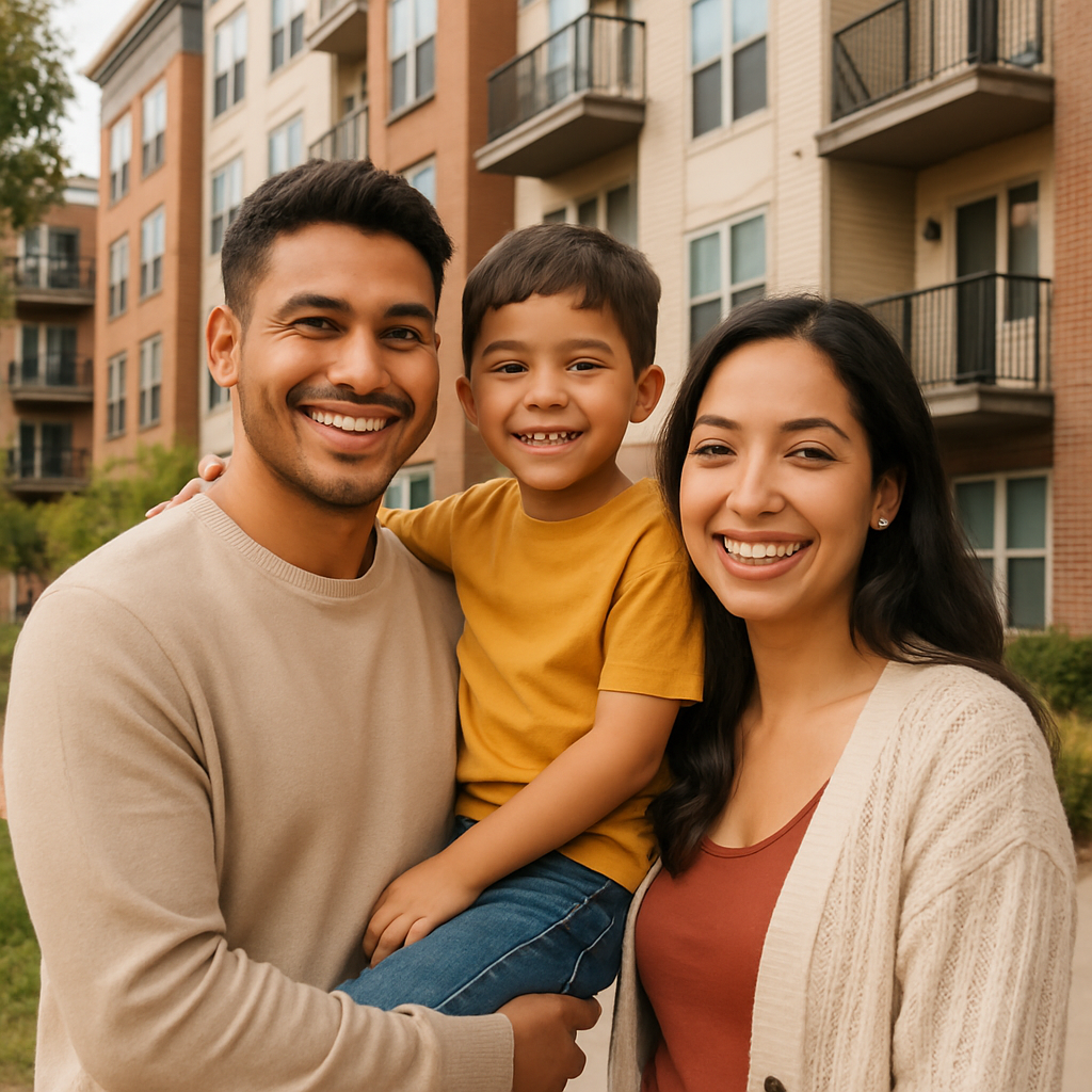 Young Latino family with one child, smiling together in front of a modern apartment building in New Jersey, warm and welcoming, community-focused, modern urban setting, soft natural lighting