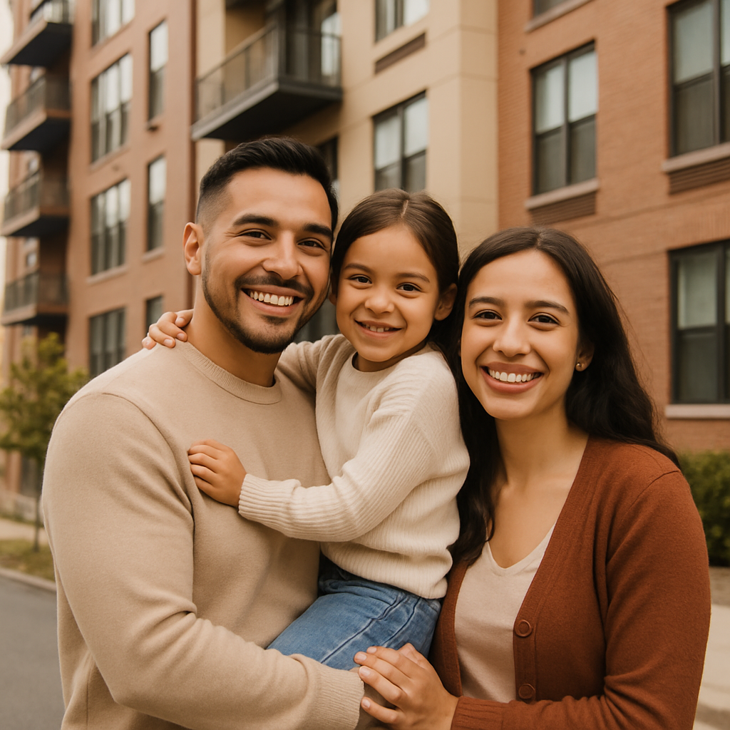 Young Latino family with one child, smiling together in front of a modern apartment building in New Jersey, warm and welcoming, community-focused, modern urban setting, soft natural lighting