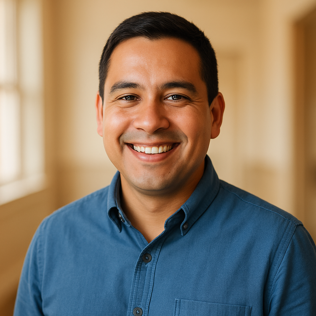 Juan Pérez, smiling Latino man with short dark hair