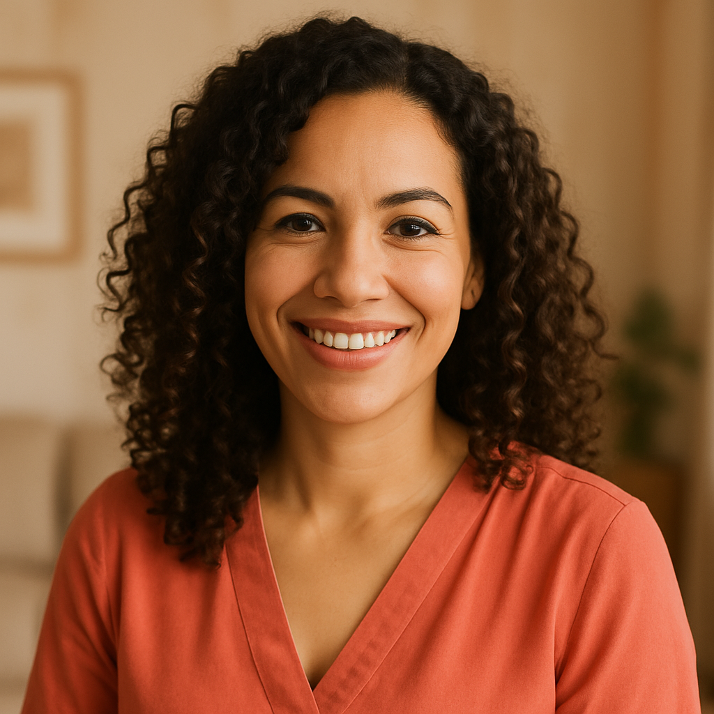 Maria Garcia, Latina woman with curly brown hair smiling