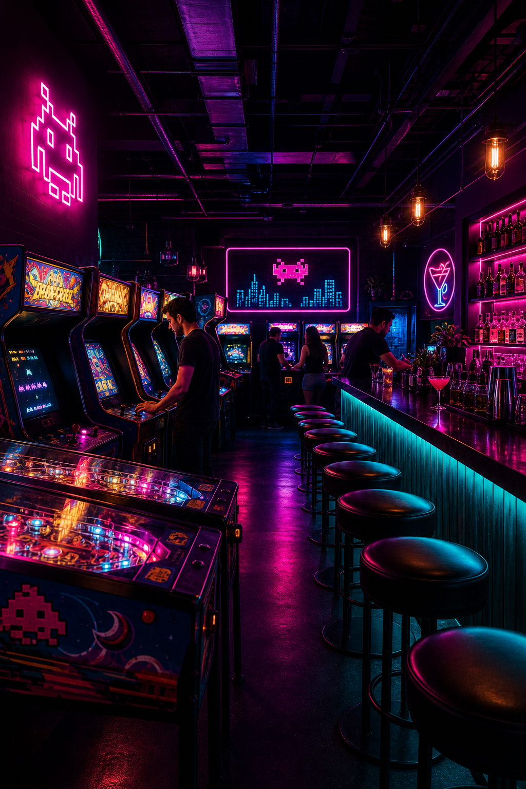 Neon-lit arcade bar with glowing cabinets, a long cocktail counter, and patrons playing classic games