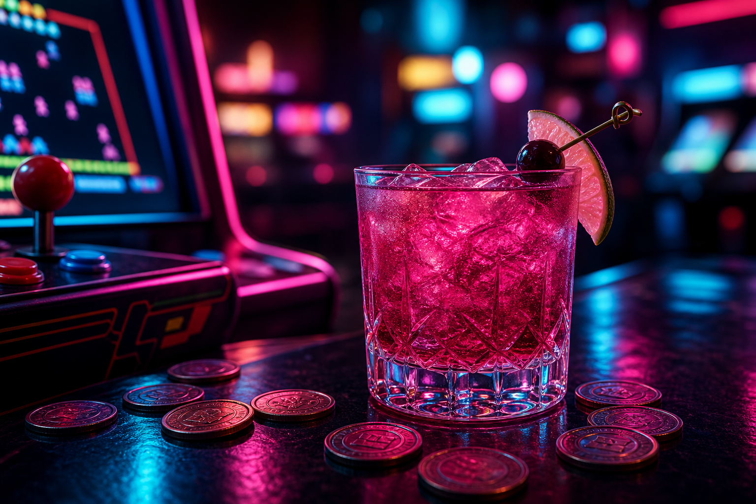 Vivid magenta cocktail with cyan neon reflections on a bar top, styled with retro arcade tokens