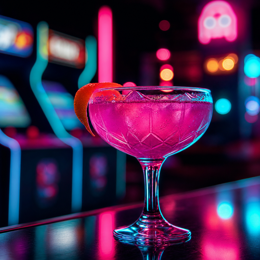 Glowing magenta cocktail in a neon glass with cyan highlights and retro arcade bokeh lights behind