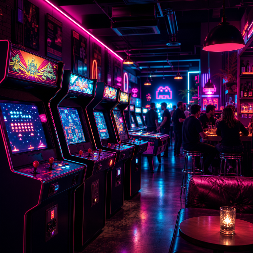 Neon-lit arcade lounge with glowing game cabinets, magenta and cyan lights, and a lively nighttime atmosphere