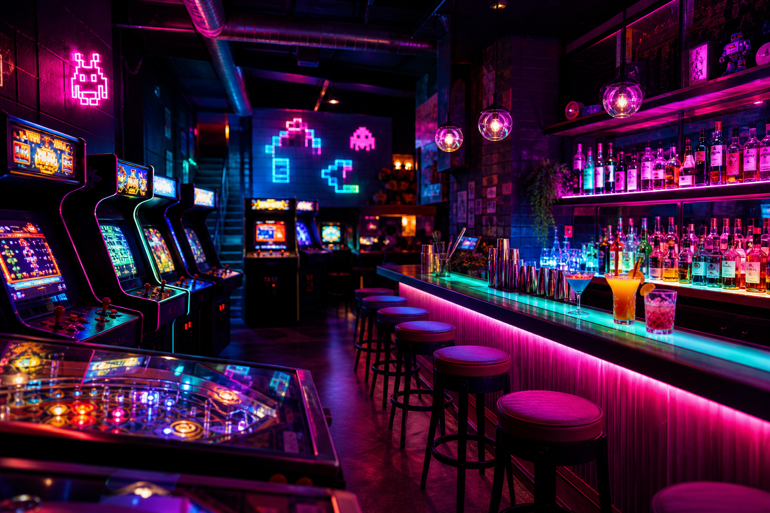 Neon-lit arcade bar interior with glowing game cabinets, pinball machines, and a vibrant cocktail counter