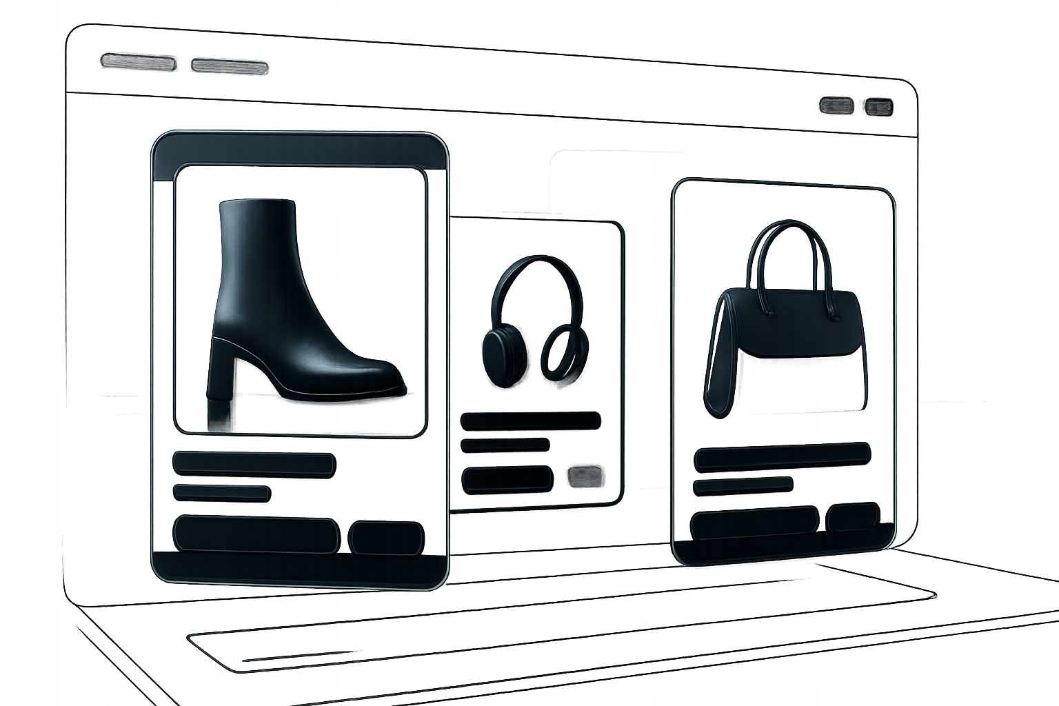 Wide cinematic web concept frame with floating 3D glass product cards, deep charcoal backdrop, cyan rim lighting, and layered commerce UI panels