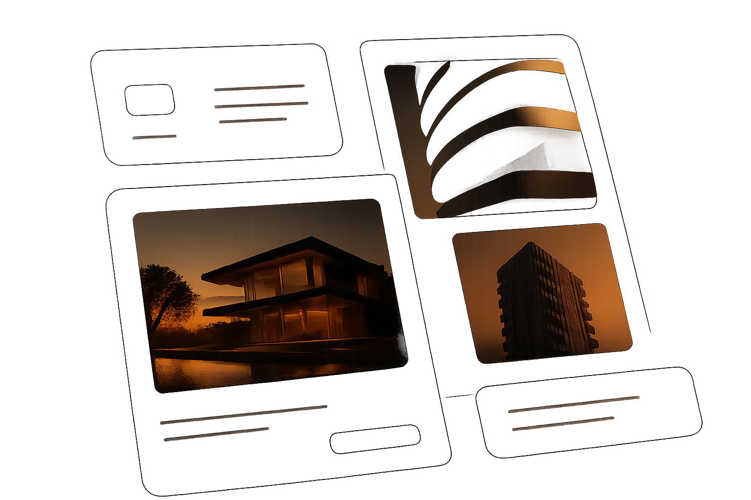 Premium property website concept with warm bronze lighting, floating architectural cards, and depth-rich dark glass interface layers