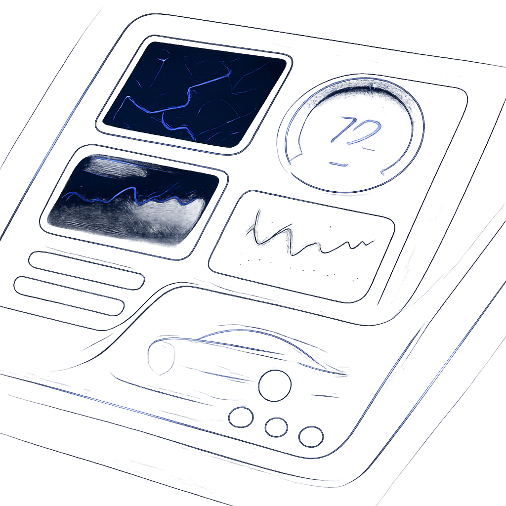 High-contrast concept screen for an electric mobility platform, with layered telemetry widgets, metallic reflections, and violet-blue neon highlights