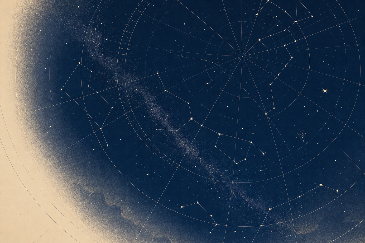 Abstract scientific night sky chart with fine constellation lines, coordinate arcs, and subtle star clusters on a calm deep celestial field