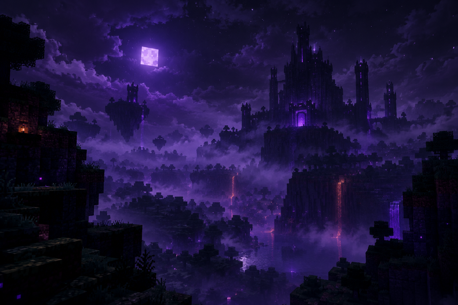 Atmospheric Minecraft-inspired night scene with dark blocky silhouettes, distant fortress forms, violet fog, and subtle glowing particles
