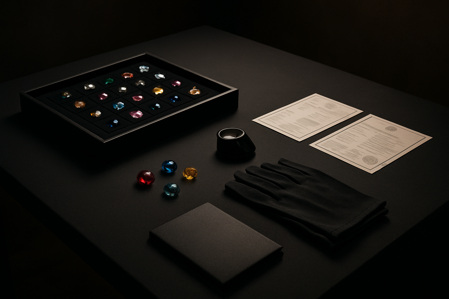 Elegant private consultation table with archival gemstone trays, certification documents, and soft gallery lighting