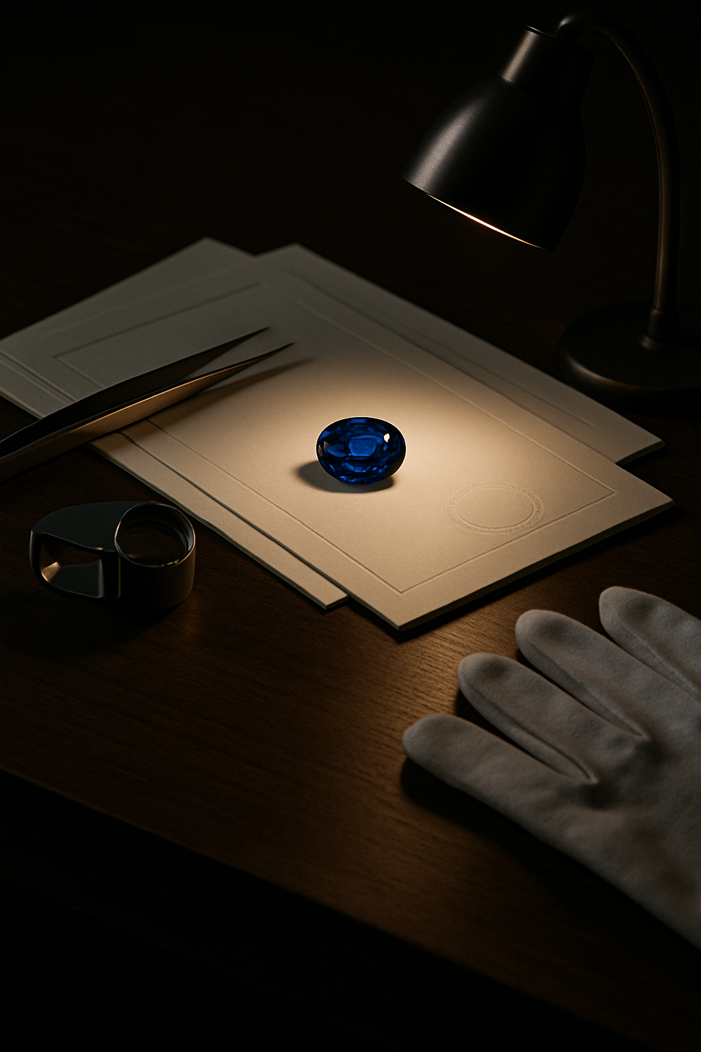 Close-up of gemstone certification documents, loupe, tweezers, and a loose sapphire under expert inspection on a dark desk