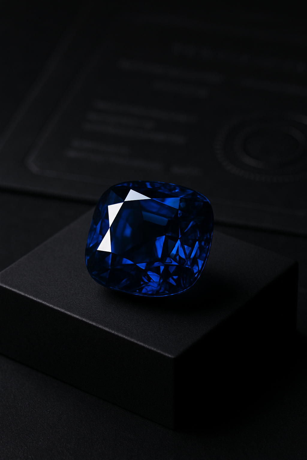Museum-grade macro photograph of a rare deep-blue gemstone on a refined dark pedestal with softly blurred certification papers in the background