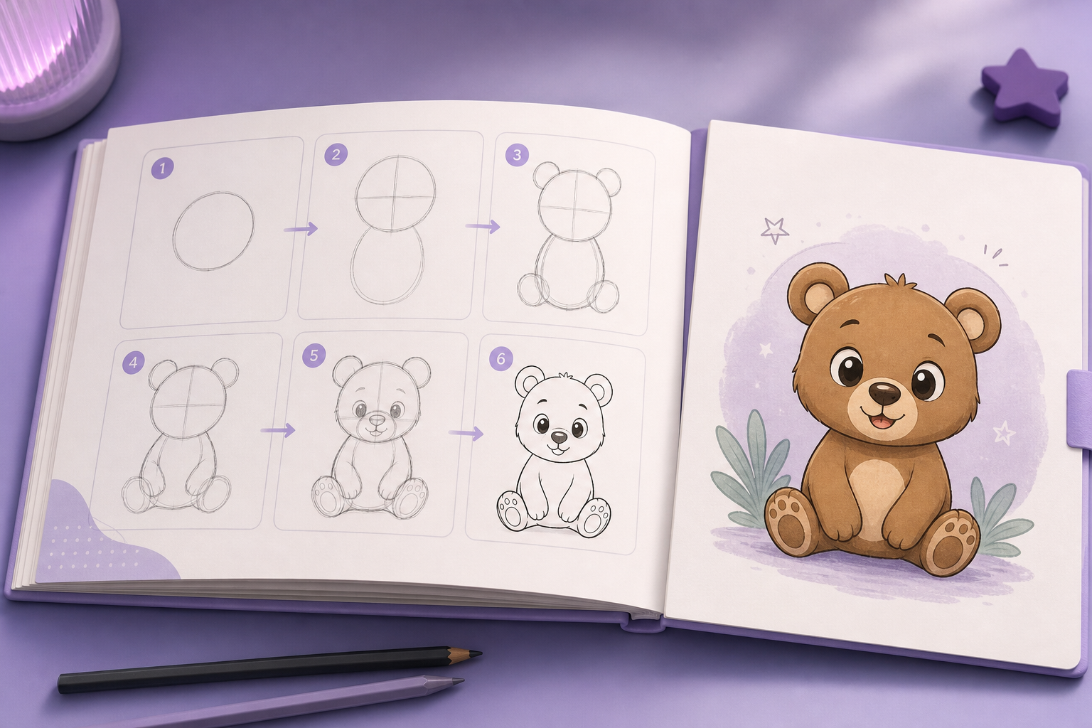 Draw Along preview showing progressive sketch steps from simple shapes to finished characters