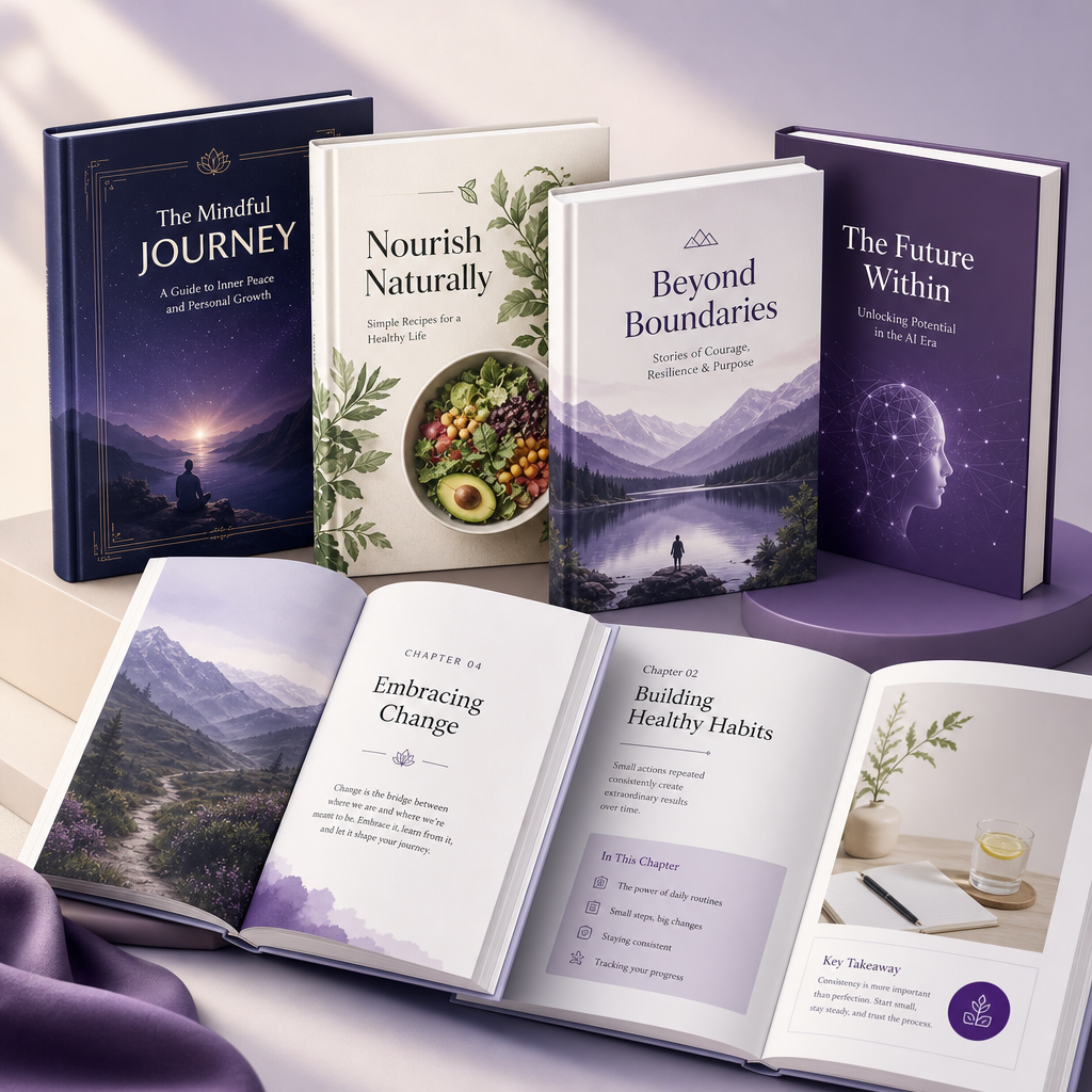 Modern ebook collection preview with premium covers, chapter layouts, and polished typography