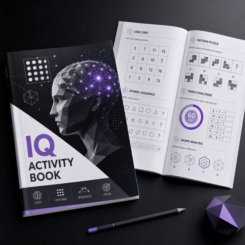 IQ Test workbook preview with clean puzzle grids, logic patterns, and timed challenge prompts