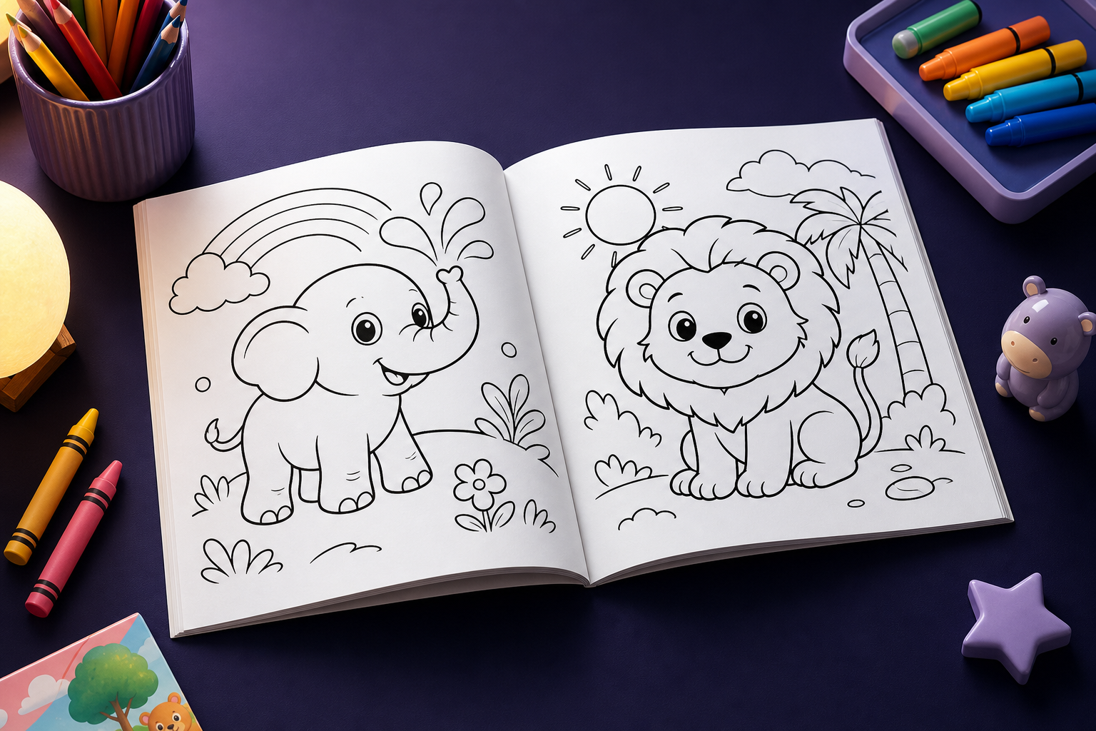 Kids Paint Book preview with playful outlined animals and bold coloring pages