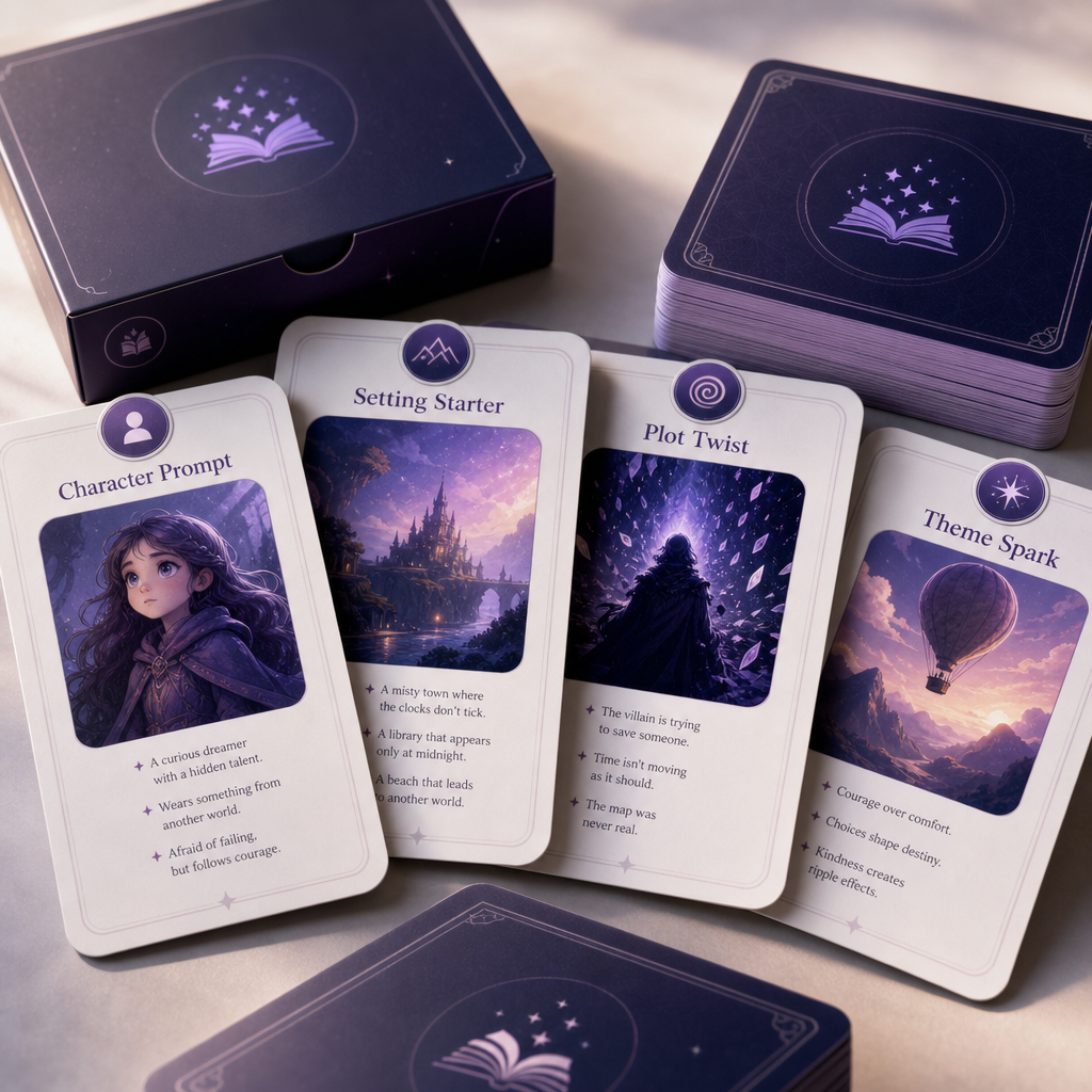 Story Prompt Deck preview with themed prompt cards, character ideas, and scene starters