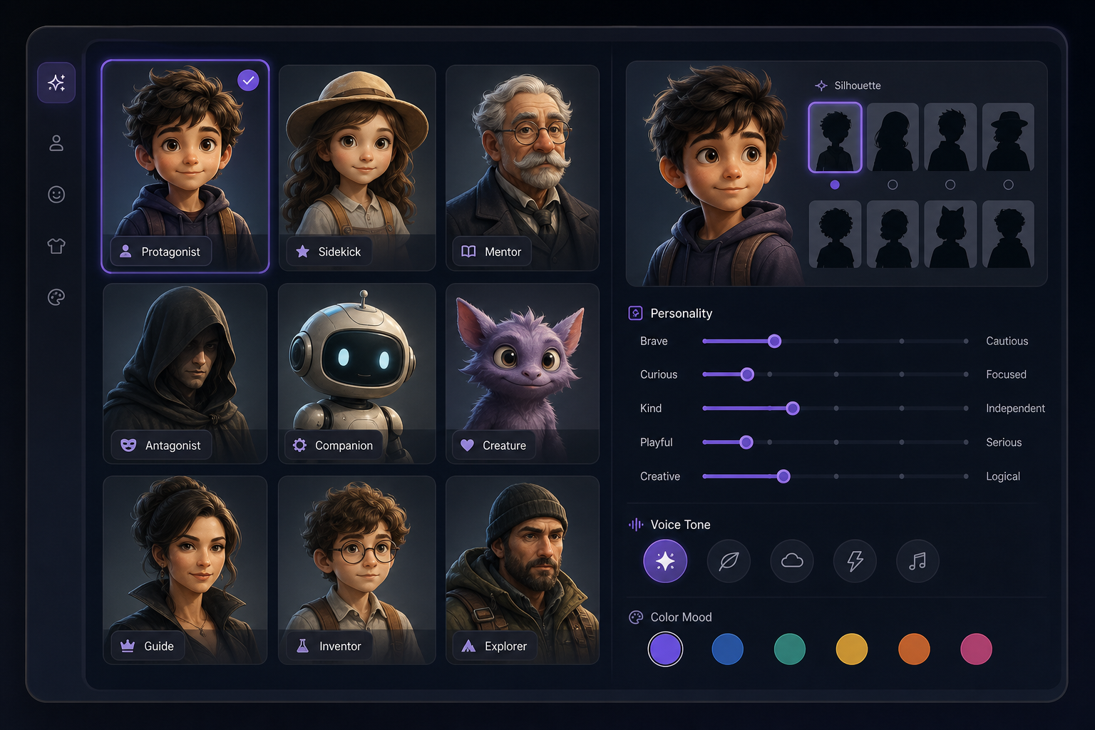 Character setup screen with avatar tiles, role tags, and personality sliders