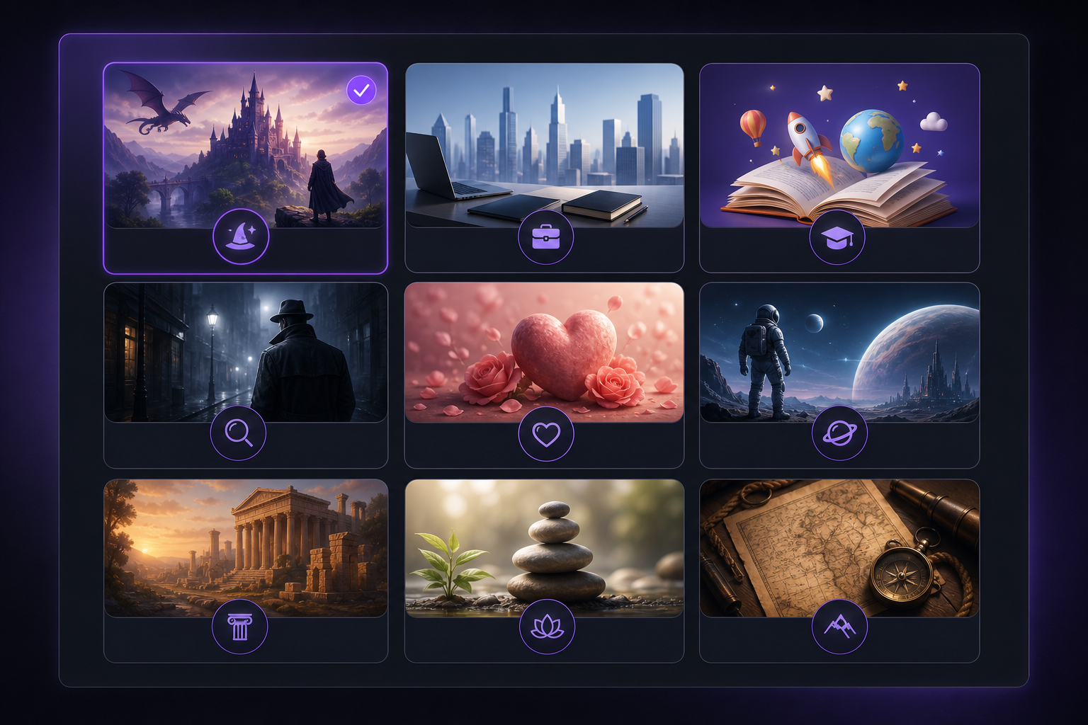 Interface panel with selectable book genre cards such as fantasy, business, and kids education