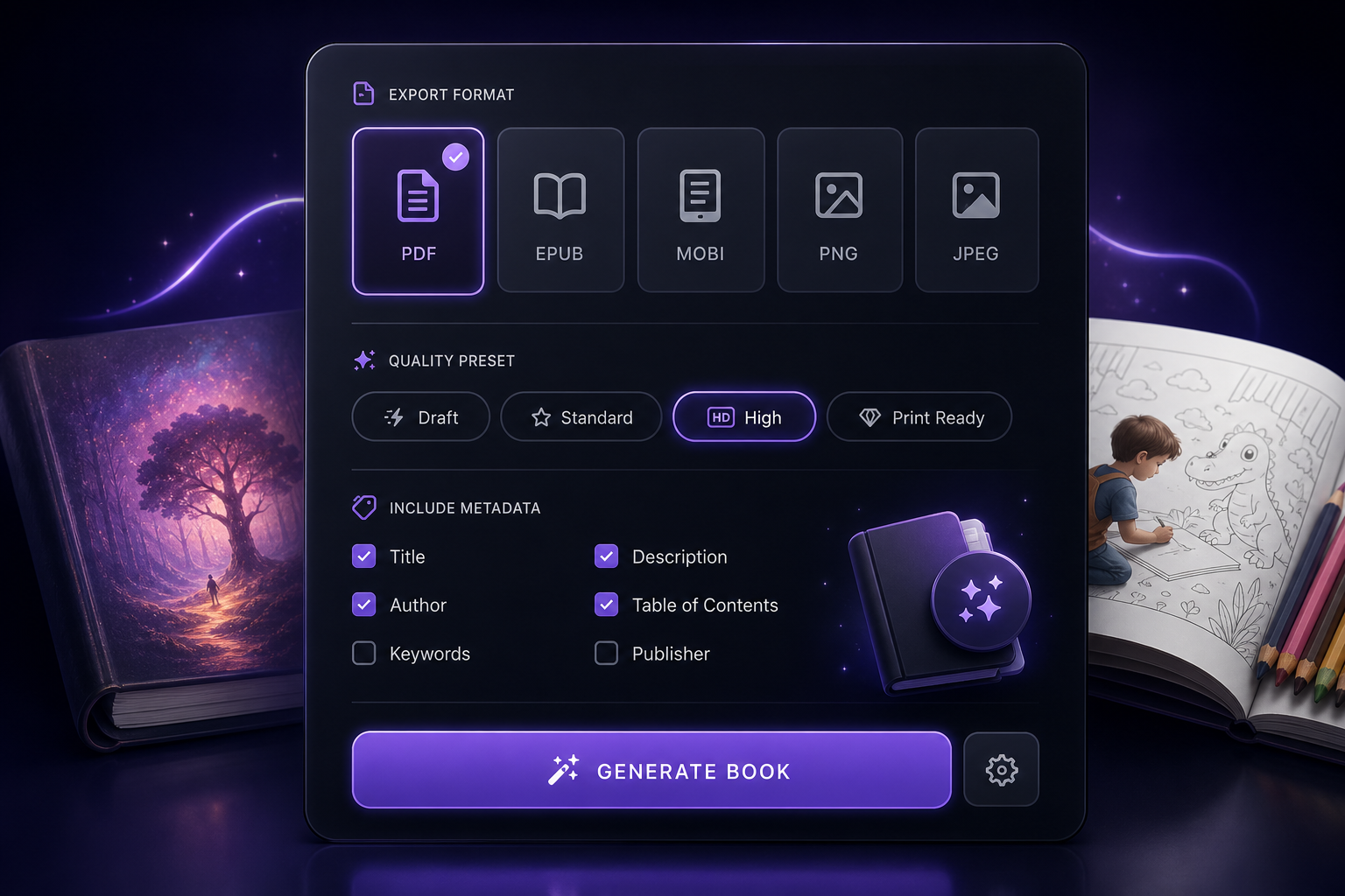 Final export settings panel showing format toggles, quality presets, and generate action state