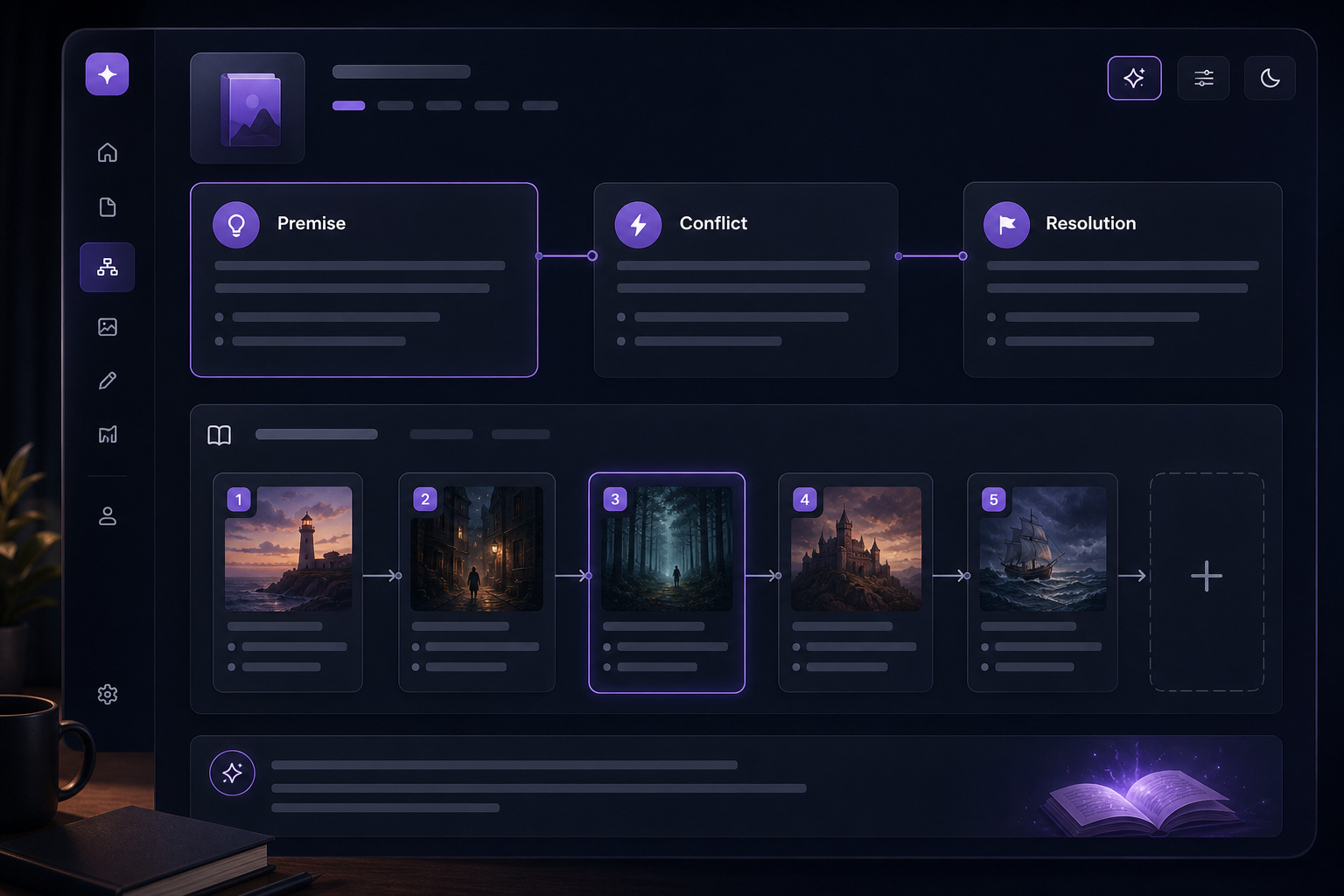 Structured plot builder panel with premise, pacing notes, and chapter intent blocks