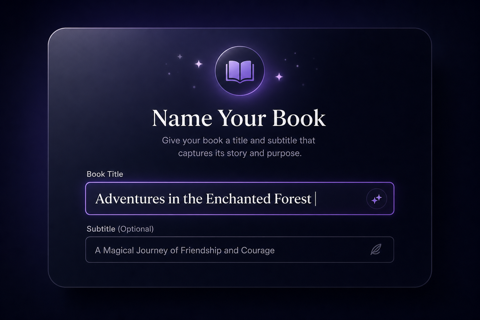 Form interface showing title and subtitle fields filled for a premium ebook project